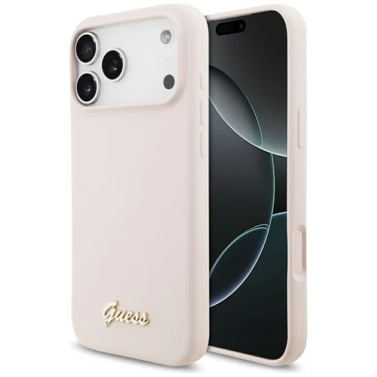 Калъф за iPhone 18 Pro Max / iPhone 17 Pro Max - Silicone Script Metal Logo MagSafe (GUHMP18XSMBSLP) - Guess - Розов
