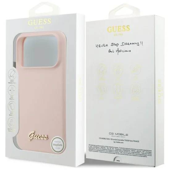 Калъф за iPhone 18 Pro Max / iPhone 17 Pro Max - Silicone Script Metal Logo MagSafe (GUHMP18XSMBSLP) - Guess - Розов