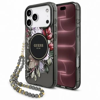 Калъф за iPhone 18 Pro Max / iPhone 17 Pro Max - IML Flowers with Pearl Strap MagSafe - Guess - Черен