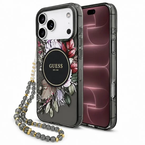 Калъф за iPhone 18 Pro Max / iPhone 17 Pro Max - IML Flowers with Pearl Strap MagSafe - Guess - Черен