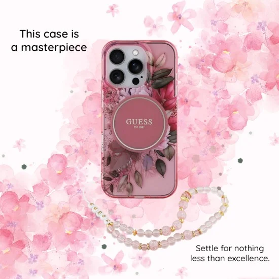 Калъф за iPhone 18 Pro Max / iPhone 17 Pro Max - IML Flowers with Pearl Strap MagSafe - Guess - Черен