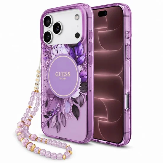 Калъф за iPhone 18 Pro Max / iPhone 17 Pro Max - IML Flowers with Pearl Strap MagSafe - Guess - Лилав