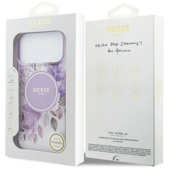 Калъф за iPhone 18 Pro Max / iPhone 17 Pro Max - IML Flowers with Pearl Strap MagSafe - Guess - Лилав