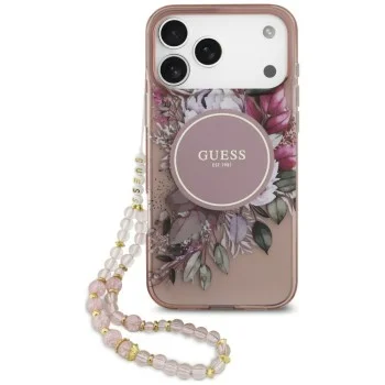 Калъф за iPhone 18 Pro Max / iPhone 17 Pro Max - IML Flowers with Pearl Strap MagSafe - Guess - Розов