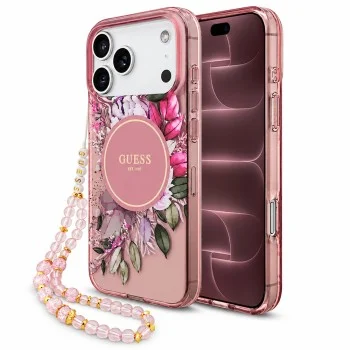 Калъф за iPhone 18 Pro Max / iPhone 17 Pro Max - IML Flowers with Pearl Strap MagSafe - Guess - Розов