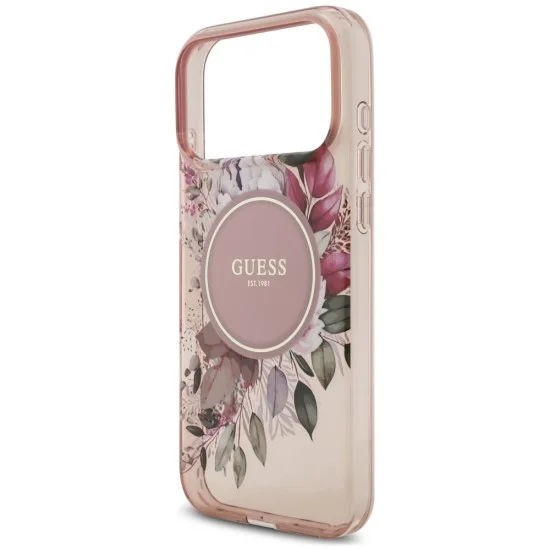 Калъф за iPhone 18 Pro Max / iPhone 17 Pro Max - IML Flowers with Pearl Strap MagSafe - Guess - Розов