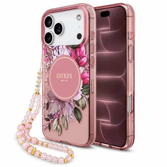 Калъф за iPhone 18 Pro Max / iPhone 17 Pro Max - IML Flowers with Pearl Strap MagSafe - Guess - Розов