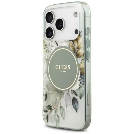 Калъф за iPhone 18 Pro Max / iPhone 17 Pro Max - IML Flowers with Pearl Strap MagSafe - Guess - Зелен