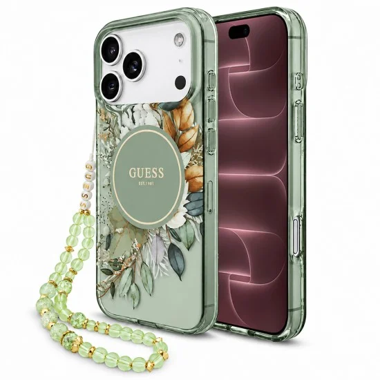 Калъф за iPhone 18 Pro Max / iPhone 17 Pro Max - IML Flowers with Pearl Strap MagSafe - Guess - Зелен