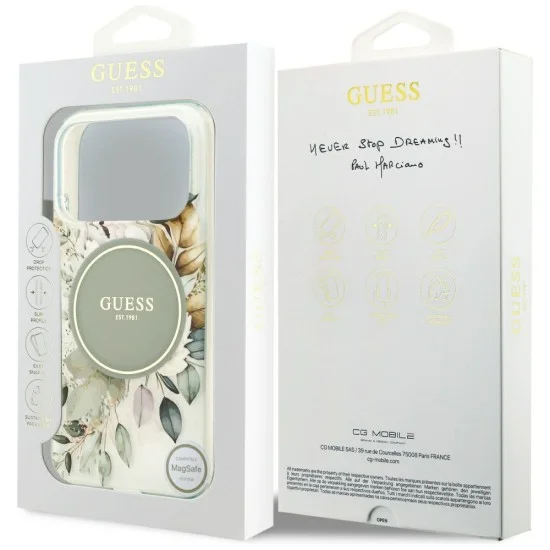Калъф за iPhone 18 Pro Max / iPhone 17 Pro Max - IML Flowers with Pearl Strap MagSafe - Guess - Зелен