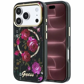 Калъф за iPhone 18 Pro Max / iPhone 17 Pro Max - IML Glitter Blossom Roses MagSafe - Guess - Черен