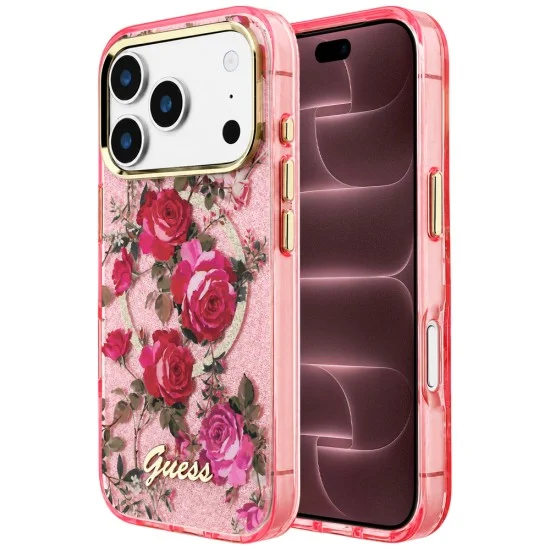 Калъф за iPhone 18 Pro Max / iPhone 17 Pro Max - IML Glitter Blossom Roses MagSafe - Guess - Розов