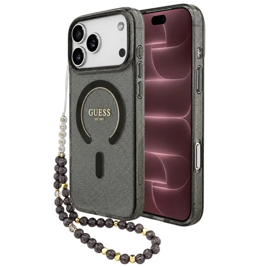 Калъф за iPhone 18 Pro Max / iPhone 17 Pro Max - IML Glitter with Pearl Strap MagSafe - Guess - Черен