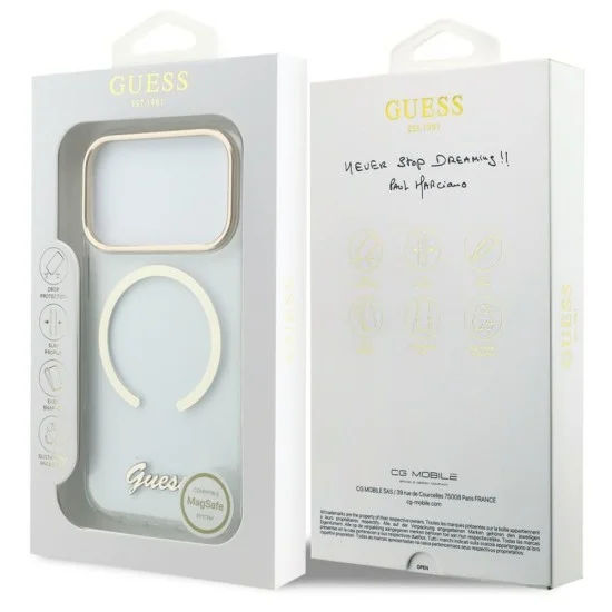 Калъф за iPhone 18 Pro Max / iPhone 17 Pro Max - IML Script Metal MagSafe - Guess - Прозрачен