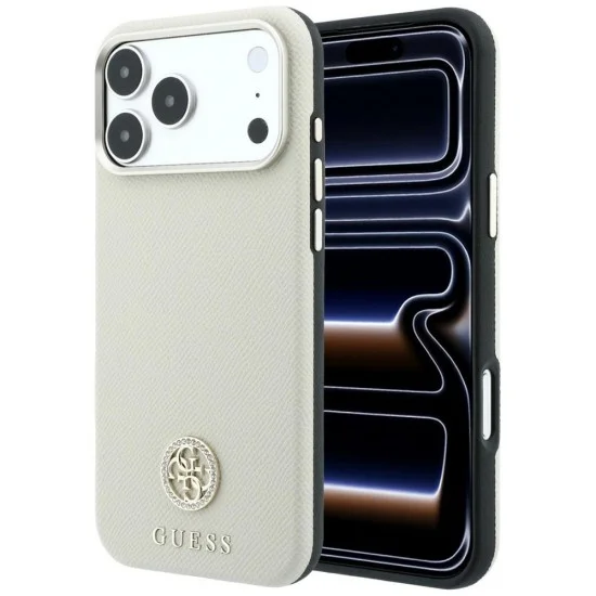 Калъф за iPhone 18 Pro / iPhone 17 Pro - Grained Leather Round Strass Logo MagSafe (GUHMP18L6PSRMDEE) - Guess - Бежов