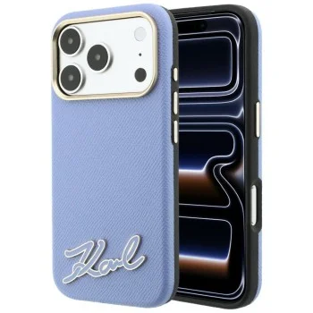 Калъф за iPhone 18 Pro / iPhone 17 Pro - Grained Leather with Resin Sign Logo MagSafe (KLHMP18L6PWKSRSB) - Karl Lagerfeld - Светло син