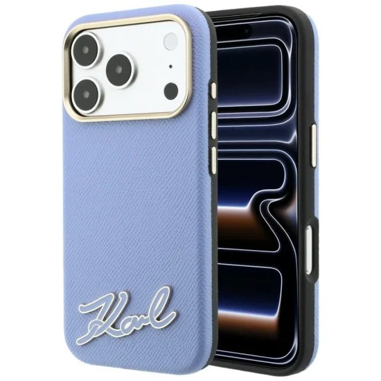 Калъф за iPhone 18 Pro / iPhone 17 Pro - Grained Leather with Resin Sign Logo MagSafe (KLHMP18L6PWKSRSB) - Karl Lagerfeld - Светло син
