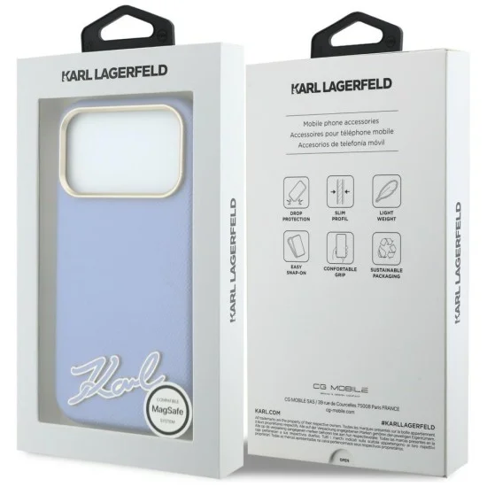 Калъф за iPhone 18 Pro / iPhone 17 Pro - Grained Leather with Resin Sign Logo MagSafe (KLHMP18L6PWKSRSB) - Karl Lagerfeld - Светло син