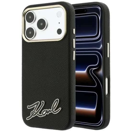 Калъф за iPhone 18 Pro / iPhone 17 Pro - Grained Leather with Resin Sign Logo MagSafe (KLHMP18L6PWKSRSK) - Karl Lagerfeld - Черен