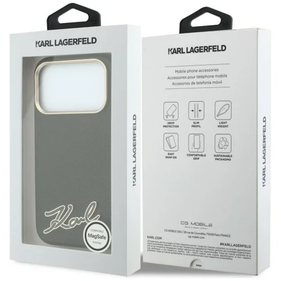 Калъф за iPhone 18 Pro / iPhone 17 Pro - Grained Leather with Resin Sign Logo MagSafe (KLHMP18L6PWKSRSK) - Karl Lagerfeld - Черен