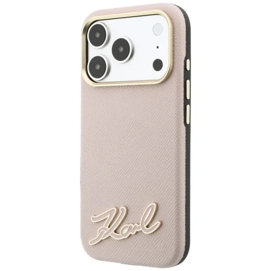 Калъф за iPhone 18 Pro / iPhone 17 Pro - Grained Leather with Resin Sign Logo MagSafe (KLHMP18L6PWKSRSP) - Karl Lagerfeld - Розов