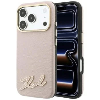 Калъф за iPhone 18 Pro / iPhone 17 Pro - Grained Leather with Resin Sign Logo MagSafe (KLHMP18L6PWKSRSP) - Karl Lagerfeld - Розов