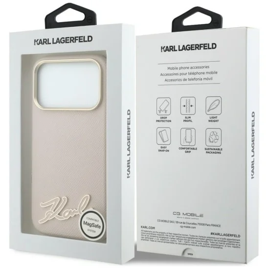 Калъф за iPhone 18 Pro / iPhone 17 Pro - Grained Leather with Resin Sign Logo MagSafe (KLHMP18L6PWKSRSP) - Karl Lagerfeld - Розов