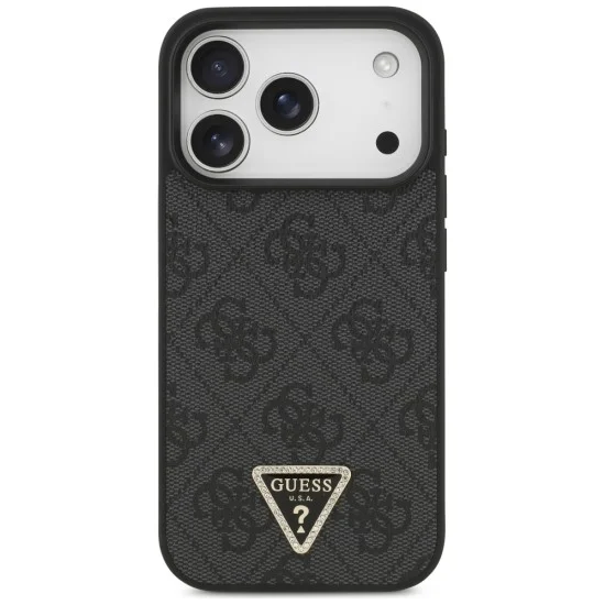 Калъф за iPhone 18 Pro / iPhone 17 Pro - Leather 4G Triangle Strass MagSafe (GUHMP18LP4TDPLK) - Guess - Черен