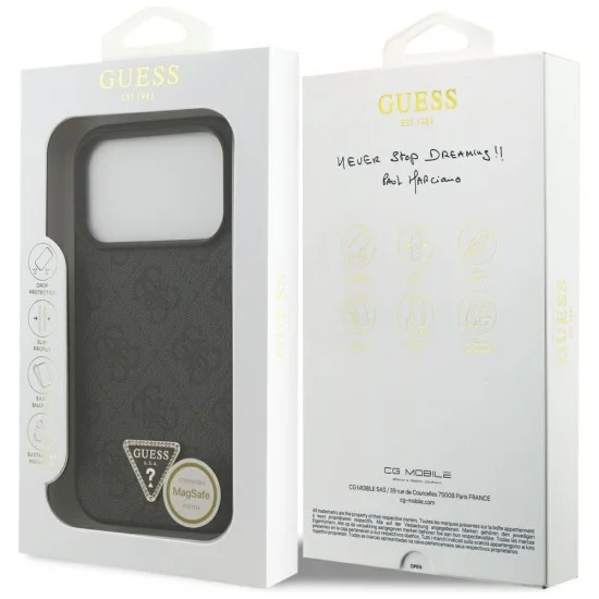 Калъф за iPhone 18 Pro / iPhone 17 Pro - Leather 4G Triangle Strass MagSafe (GUHMP18LP4TDPLK) - Guess - Черен