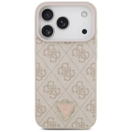 Калъф за iPhone 18 Pro / iPhone 17 Pro - Leather 4G Triangle Strass MagSafe (GUHMP18LP4TDPP) - Guess - Розов