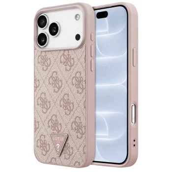 Калъф за iPhone 18 Pro / iPhone 17 Pro - Leather 4G Triangle Strass MagSafe (GUHMP18LP4TDPP) - Guess - Розов