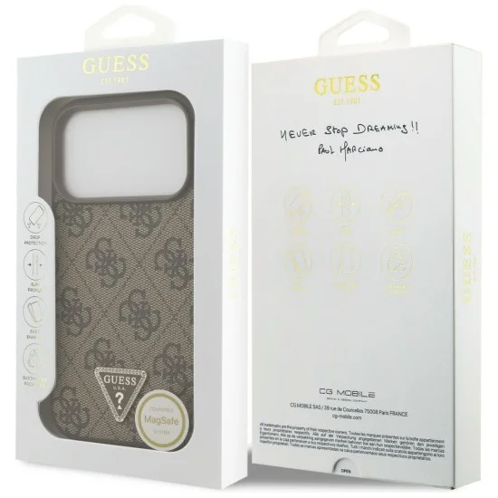 Калъф за iPhone 18 Pro / iPhone 17 Pro - Leather 4G Triangle Strass MagSafe (GUHMP18LP4TDPW) - Guess - Кафяв