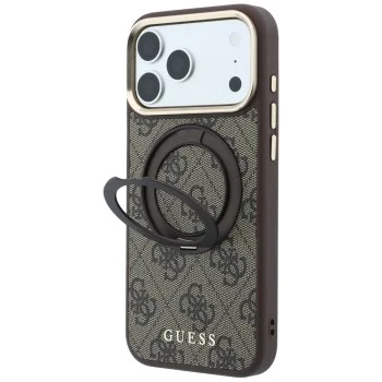 Калъф за iPhone 18 Pro / iPhone 17 Pro - Ring Stand 360 4G Leather Classic Logo MagSafe (GUHMP18L6PS4RSCLW) - Guess - Кафяв
