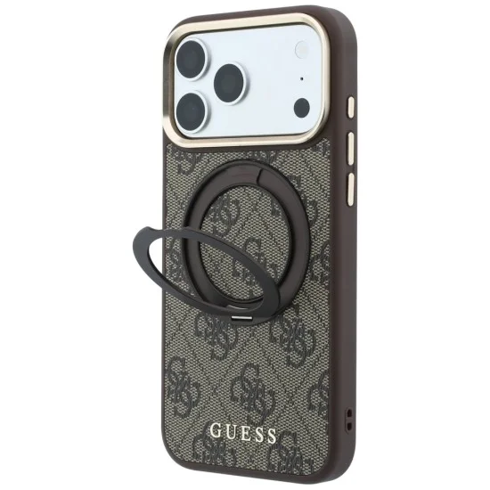Калъф за iPhone 18 Pro / iPhone 17 Pro - Ring Stand 360 4G Leather Classic Logo MagSafe (GUHMP18L6PS4RSCLW) - Guess - Кафяв