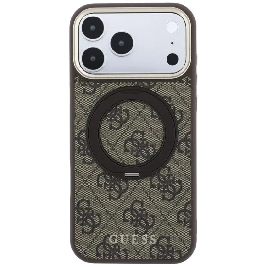 Калъф за iPhone 18 Pro / iPhone 17 Pro - Ring Stand 360 4G Leather Classic Logo MagSafe (GUHMP18L6PS4RSCLW) - Guess - Кафяв