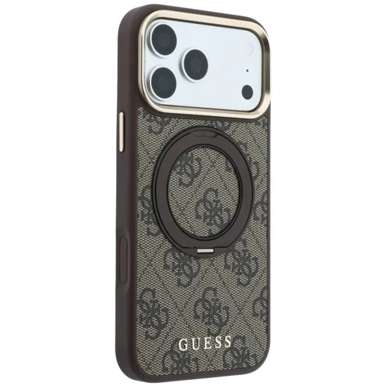 Калъф за iPhone 18 Pro / iPhone 17 Pro - Ring Stand 360 4G Leather Classic Logo MagSafe (GUHMP18L6PS4RSCLW) - Guess - Кафяв