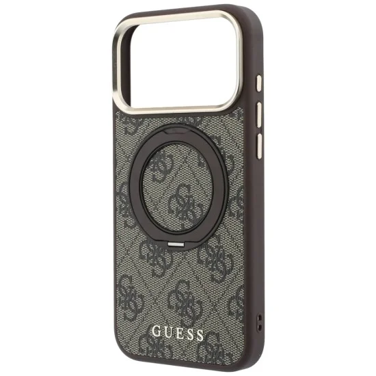 Калъф за iPhone 18 Pro / iPhone 17 Pro - Ring Stand 360 4G Leather Classic Logo MagSafe (GUHMP18L6PS4RSCLW) - Guess - Кафяв