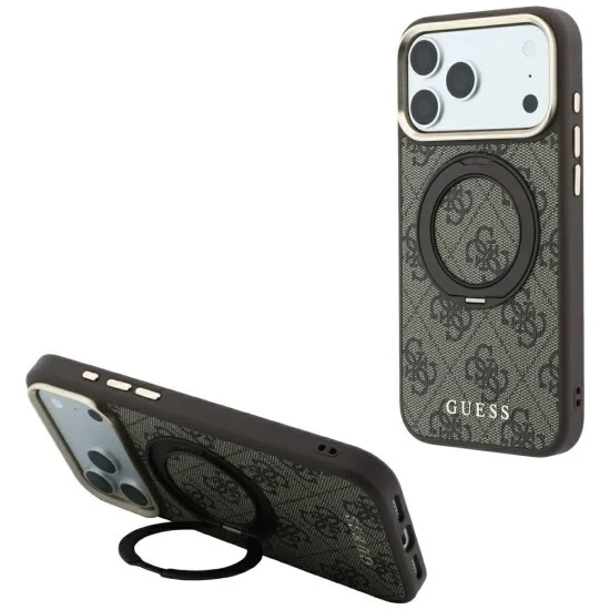 Калъф за iPhone 18 Pro / iPhone 17 Pro - Ring Stand 360 4G Leather Classic Logo MagSafe (GUHMP18L6PS4RSCLW) - Guess - Кафяв