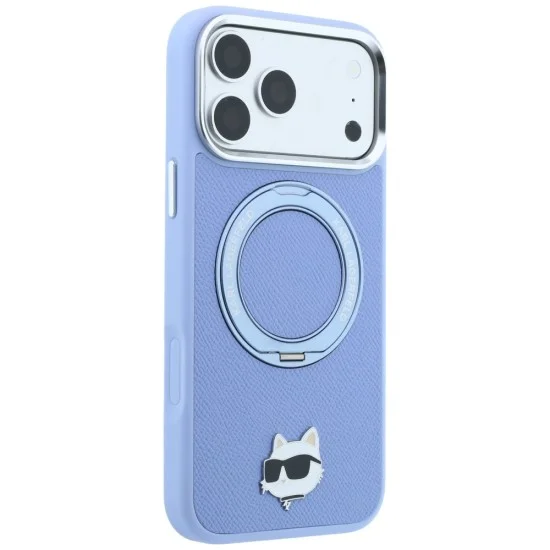 Калъф за iPhone 18 Pro / iPhone 17 Pro - Saffiano Ring Stand 360° Choupette Head Pin (KLHMP18LPSRSCHHB) - Karl Lagerfeld - Светло син