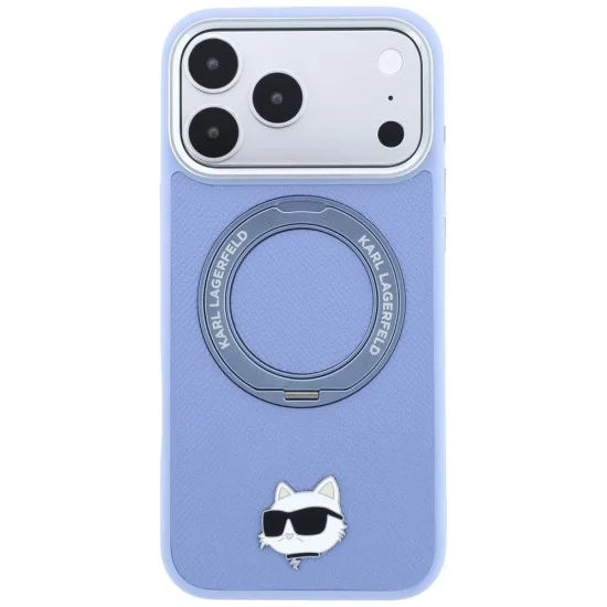 Калъф за iPhone 18 Pro / iPhone 17 Pro - Saffiano Ring Stand 360° Choupette Head Pin (KLHMP18LPSRSCHHB) - Karl Lagerfeld - Светло син