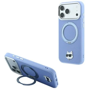 Калъф за iPhone 18 Pro / iPhone 17 Pro - Saffiano Ring Stand 360° Choupette Head Pin (KLHMP18LPSRSCHHB) - Karl Lagerfeld - Светло син