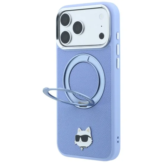 Калъф за iPhone 18 Pro / iPhone 17 Pro - Saffiano Ring Stand 360° Choupette Head Pin (KLHMP18LPSRSCHHB) - Karl Lagerfeld - Светло син