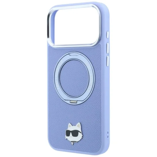 Калъф за iPhone 18 Pro / iPhone 17 Pro - Saffiano Ring Stand 360° Choupette Head Pin (KLHMP18LPSRSCHHB) - Karl Lagerfeld - Светло син