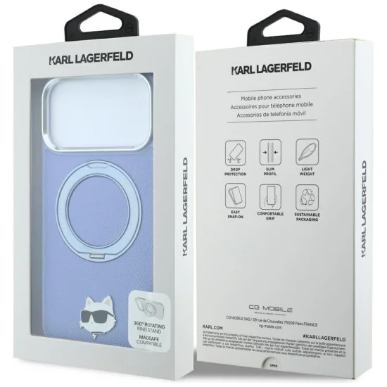 Калъф за iPhone 18 Pro / iPhone 17 Pro - Saffiano Ring Stand 360° Choupette Head Pin (KLHMP18LPSRSCHHB) - Karl Lagerfeld - Светло син