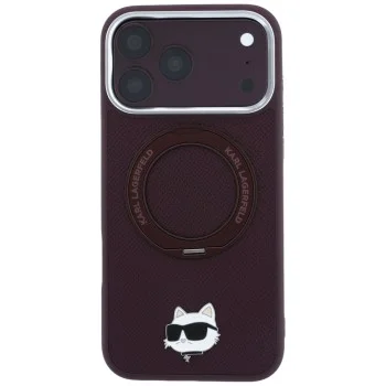 Калъф за iPhone 18 Pro / iPhone 17 Pro - Saffiano Ring Stand 360° Choupette Head Pin (KLHMP18LPSRSCHHR) - Karl Lagerfeld - Бордо