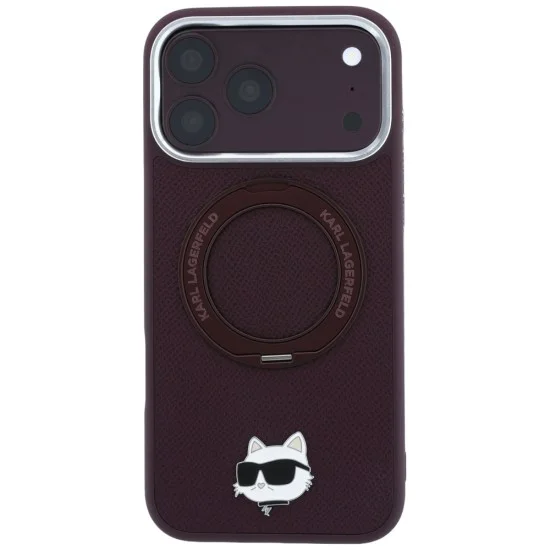 Калъф за iPhone 18 Pro / iPhone 17 Pro - Saffiano Ring Stand 360° Choupette Head Pin (KLHMP18LPSRSCHHR) - Karl Lagerfeld - Бордо