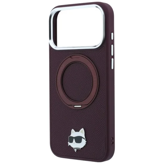 Калъф за iPhone 18 Pro / iPhone 17 Pro - Saffiano Ring Stand 360° Choupette Head Pin (KLHMP18LPSRSCHHR) - Karl Lagerfeld - Бордо