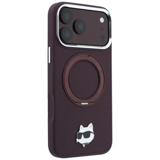 Калъф за iPhone 18 Pro / iPhone 17 Pro - Saffiano Ring Stand 360° Choupette Head Pin (KLHMP18LPSRSCHHR) - Karl Lagerfeld - Бордо