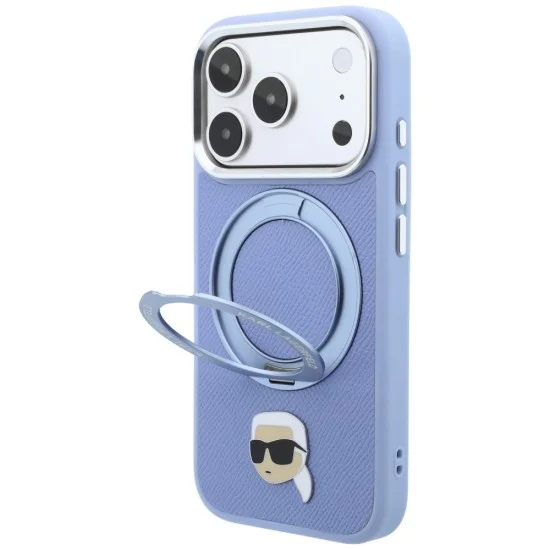 Калъф за iPhone 18 Pro / iPhone 17 Pro - Saffiano Ring Stand 360° K. Head Pin (KLHMP18LPSRSKLHB) - Karl Lagerfeld - Светло син