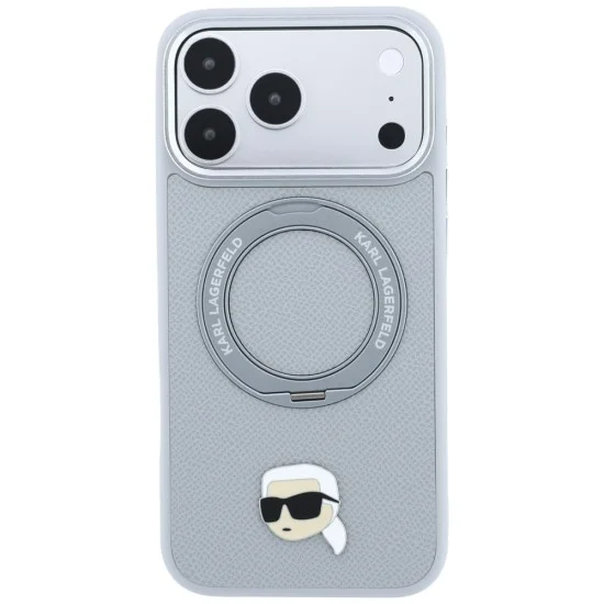 Калъф за iPhone 18 Pro / iPhone 17 Pro - Saffiano Ring Stand 360° K. Head Pin (KLHMP18LPSRSKLHG) - Karl Lagerfeld - Сив